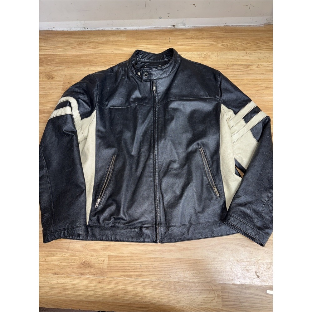 Vintage WILSONS M. JULIAN Black Leather Cafe Racer Biker Striped Jacket Men's XL